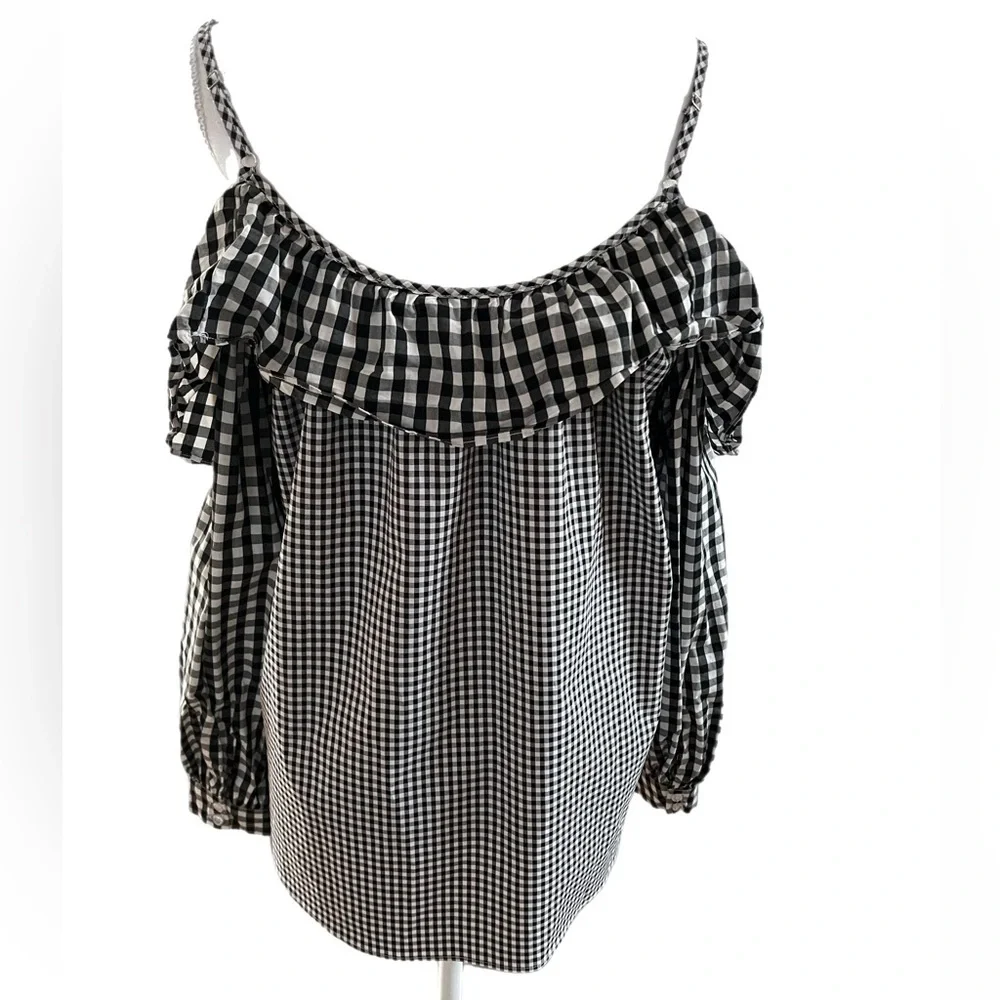 🔥🔥Timing Womens Size L Long Sleeve Shirt Black/White Check Off Shoulder Ruffle - Picture 3 of 5